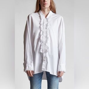 R13 drop neck tuxedo shirt ruffle blouse raw trim longsleeve barrel cuff medium
